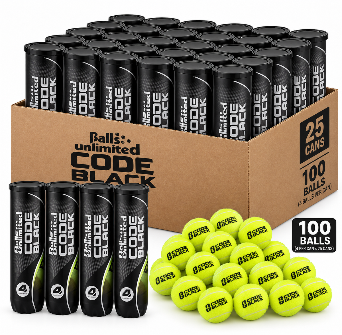 Balls Unlimited CODE BLACK Tennis Balls – Case of 25 Cans (100 Balls)