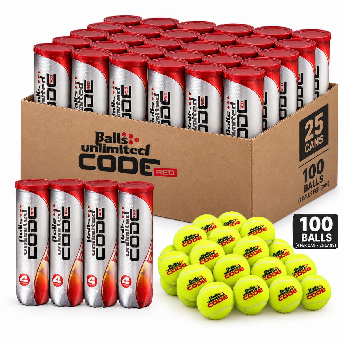 Balls Unlimited CODE RED Tennis Balls – Case of 25 Cans (100 Balls)